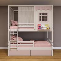 Beliche Casinha Reta 02 Gavetas Rosa Grade Removível E Cortina Madeira Maciça Branco/ Rosa Housin - 1