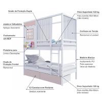 Beliche Casinha Reta 02 Gavetas Rosa Grade Removível E Cortina Madeira Maciça Branco/ Rosa Housin - 3