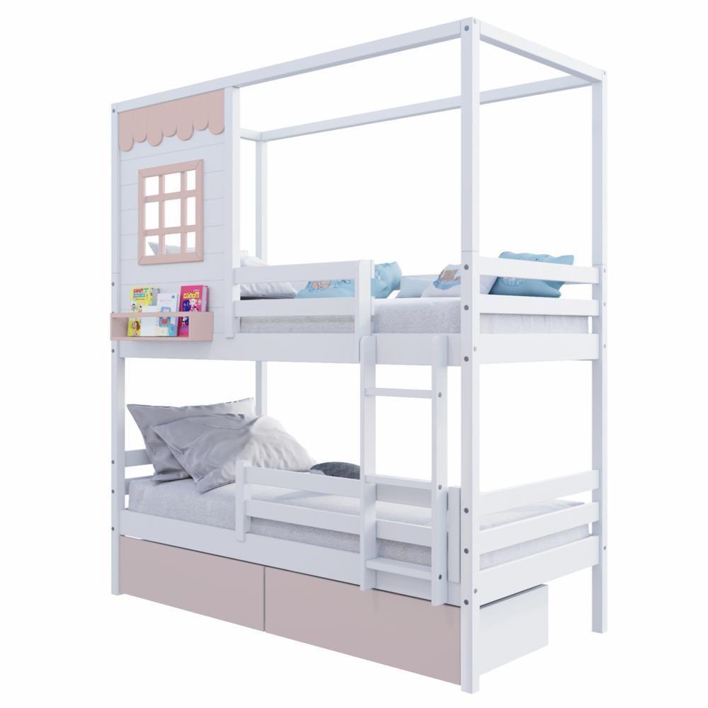 Beliche Casinha Reta 02 Rosa Gavetas E Grade Removível Madeira Maciça Branco/ Rosa Housin - 2