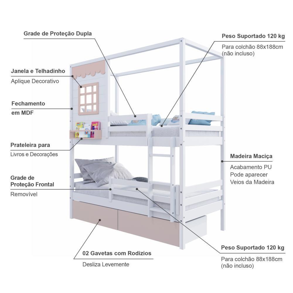 Beliche Casinha Reta 02 Rosa Gavetas E Grade Removível Madeira Maciça Branco/ Rosa Housin - 3