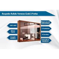 Guarda Roupa Casal 3 Portas De Correr E 4 Gavetas C/ Espelho E Pés Veneza Gold Branco - Rufato - 5