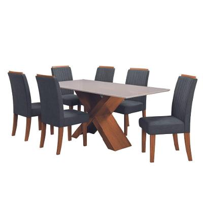 Conjunto de Mesa de Jantar Grécia 6 Lugares Tampo em MDF com Vidro Temperado Amadeirado e Grafite