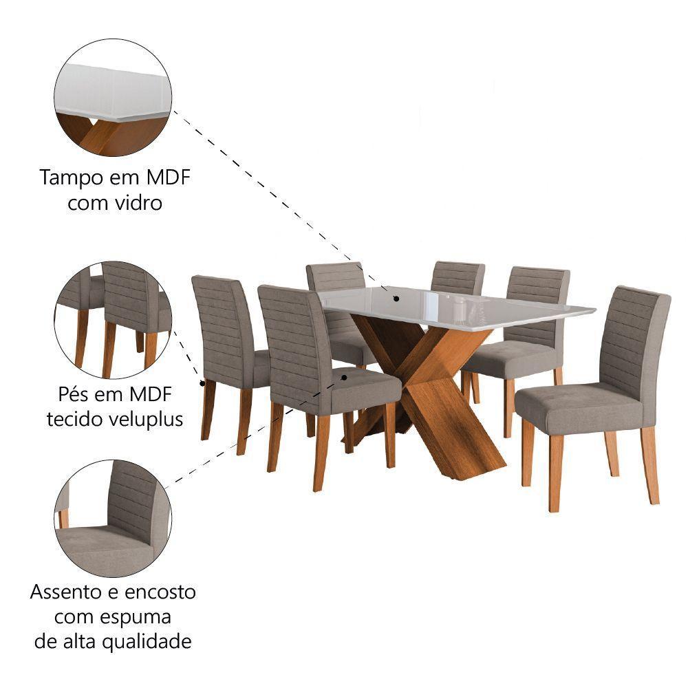 Conjunto De Mesa Sala De Jantar Tampo Com Vidro 1,80m Grécia 6 Cadeiras Creta Dobuê Madeirado/mascavo - 5
