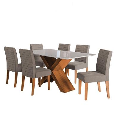 Conjunto De Mesa Sala De Jantar Tampo Com Vidro 1,80m Grécia 6 Cadeiras Creta Dobuê Madeirado/mascavo