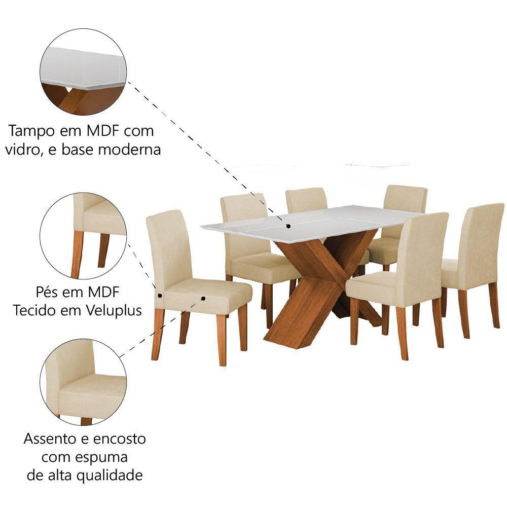 Conjunto De Mesa Sala De Jantar Tampo Com Vidro 1,60m Grécia 6 Cadeiras Trieste Dobuê Madeirado Bege - 5