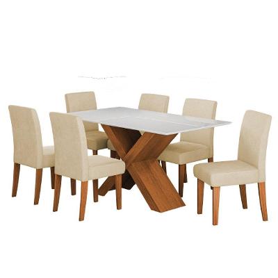 Conjunto De Mesa Sala De Jantar Tampo Com Vidro 1,60m Grécia 6 Cadeiras Trieste Dobuê Madeirado Bege