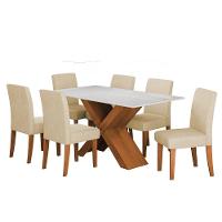 Conjunto De Mesa Sala De Jantar Tampo Com Vidro 1,60m Grécia 6 Cadeiras Trieste Dobuê Madeirado Bege - 1