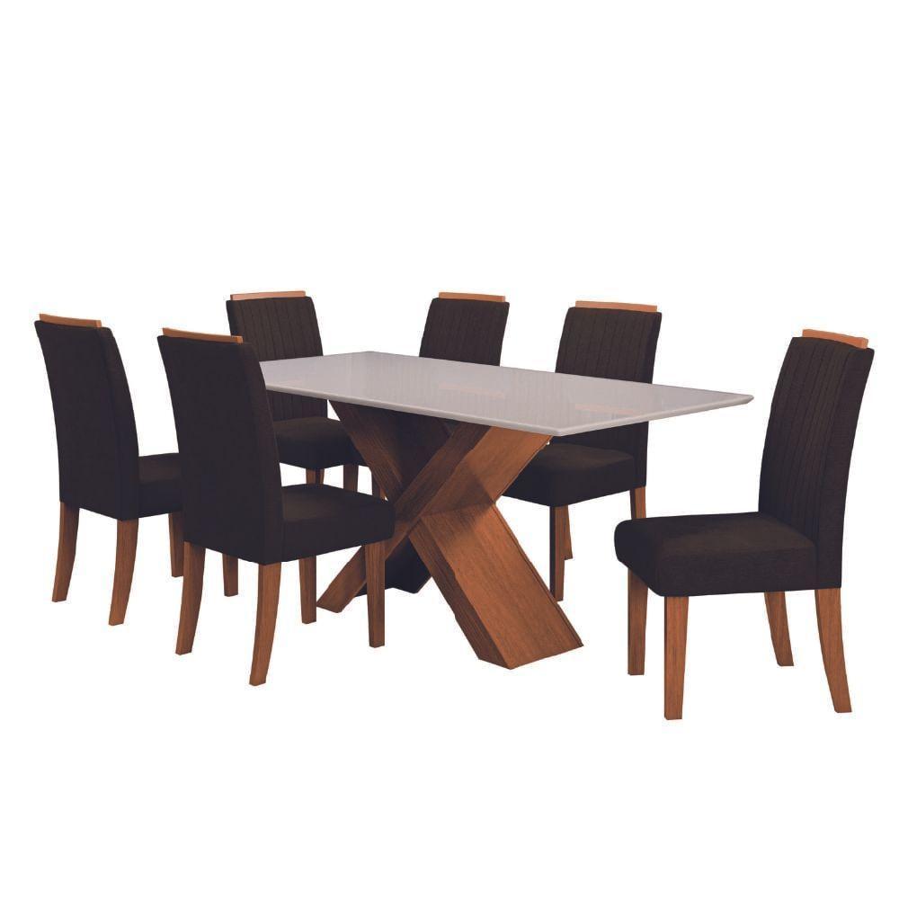 Conjunto de Mesa Sala de Jantar com Tampo de Vidro 1,80m e 6 Cadeiras Grécia Dobuê – Madeirado/Chocolate - 1