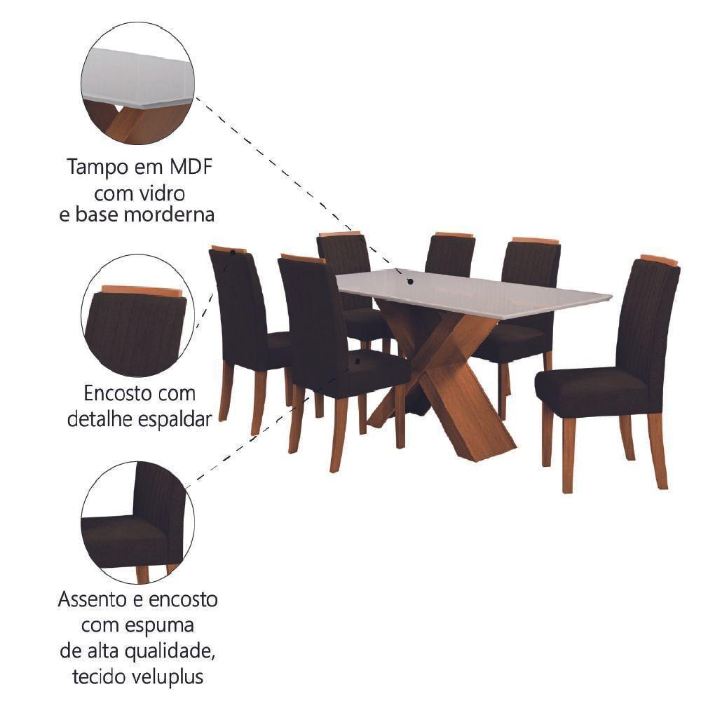 Conjunto de Mesa Sala de Jantar com Tampo de Vidro 1,80m e 6 Cadeiras Grécia Dobuê – Madeirado/Chocolate - 5