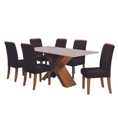 Conjunto de Mesa Sala de Jantar com Tampo de Vidro 1,80m e 6 Cadeiras Grécia Dobuê – Madeirado/Chocolate
