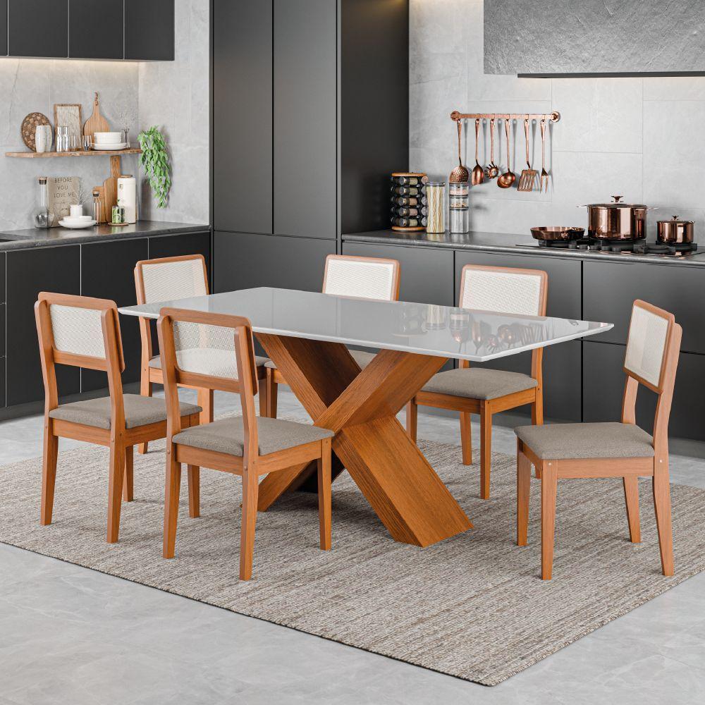 Conjunto De Mesa Sala De Jantar Tampo Com Vidro 1,80m Grécia 6 Cadeiras Santiago Dobuê Madeirado/off White - 2