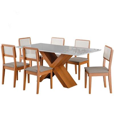 Conjunto De Mesa Sala De Jantar Tampo Com Vidro 1,80m Grécia 6 Cadeiras Santiago Dobuê Madeirado/off White