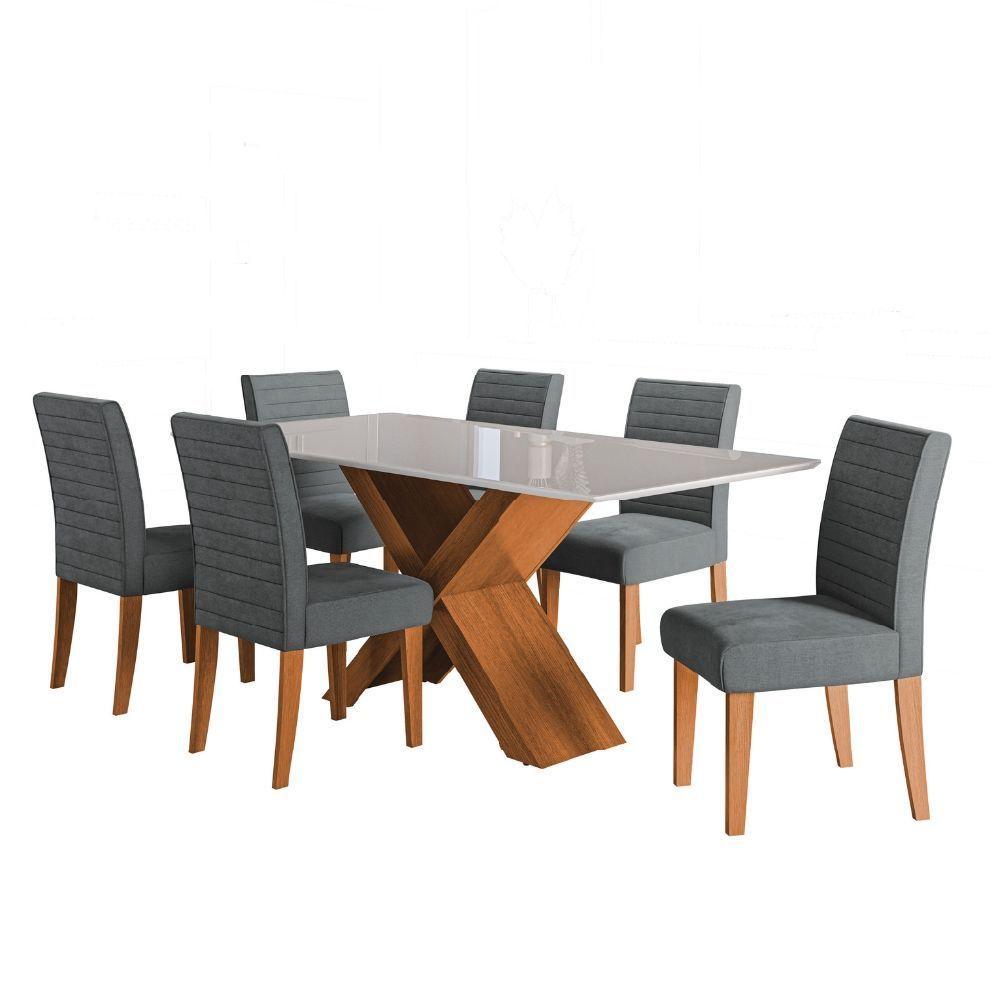 Conjunto De Mesa Sala De Jantar Tampo Com Vidro 1,80m Grécia 6 Cadeiras Creta Dobuê Madeirado/grafite - 1