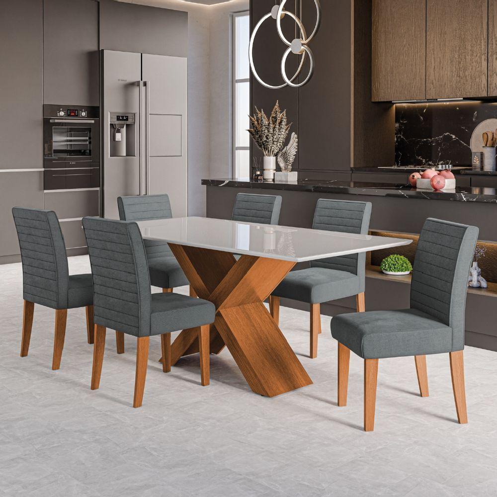 Conjunto De Mesa Sala De Jantar Tampo Com Vidro 1,80m Grécia 6 Cadeiras Creta Dobuê Madeirado/grafite - 2