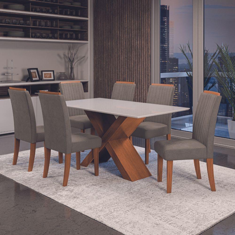 Conjunto De Mesa Sala De Jantar Tampo Com Vidro 1,80m 6 Cadeiras Grécia Dobuê - Madeirado/Mascavo - 2