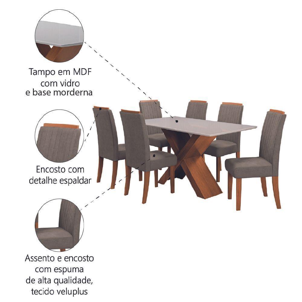 Conjunto De Mesa Sala De Jantar Tampo Com Vidro 1,80m 6 Cadeiras Grécia Dobuê - Madeirado/Mascavo - 5