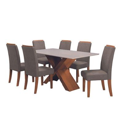 Conjunto De Mesa Sala De Jantar Tampo Com Vidro 1,80m 6 Cadeiras Grécia Dobuê - Madeirado/Mascavo