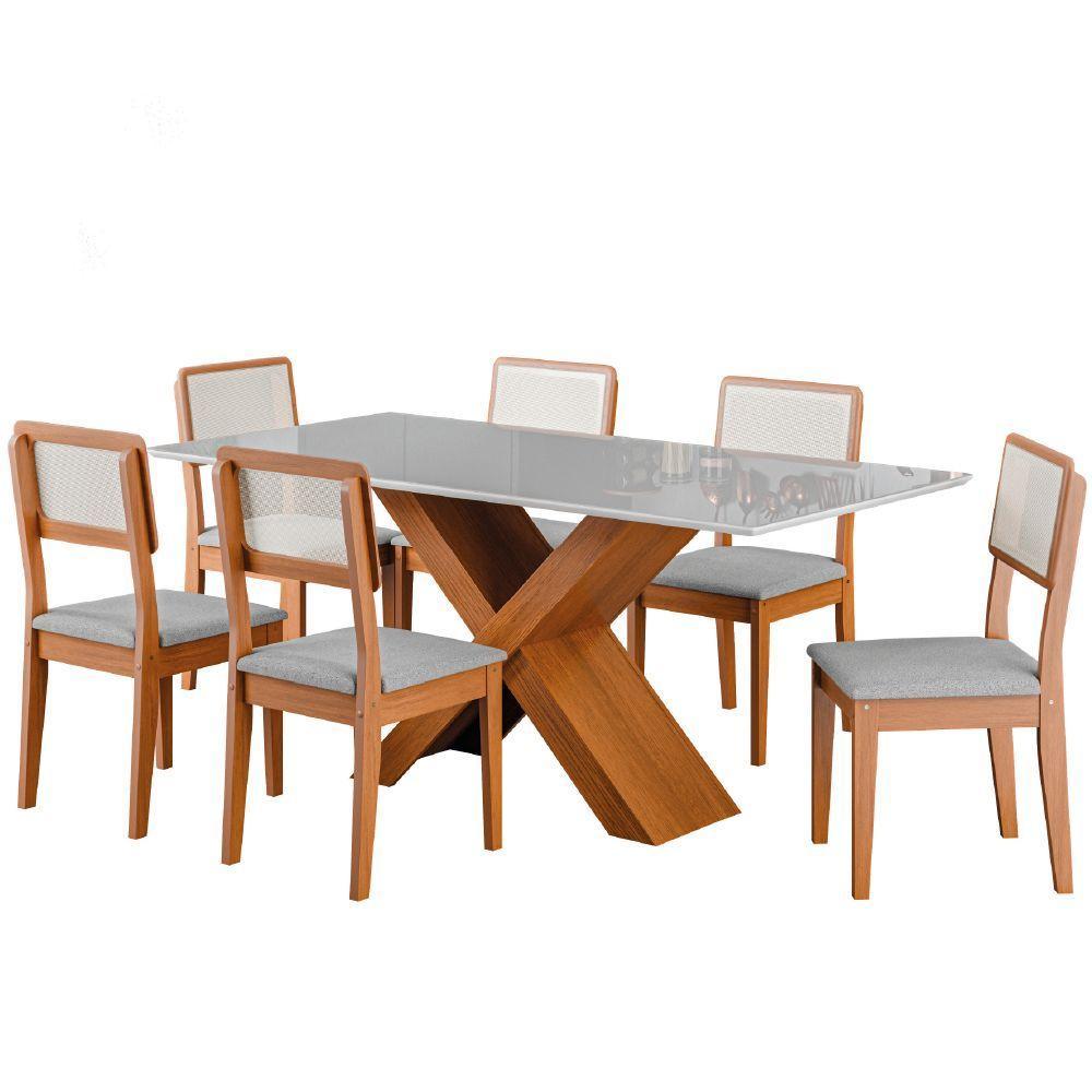 Conjunto De Mesa Sala De Jantar Tampo Com Vidro 1,80m Grécia 6 Cadeiras Santiago Dobuê Madeirado / Cinza - 1