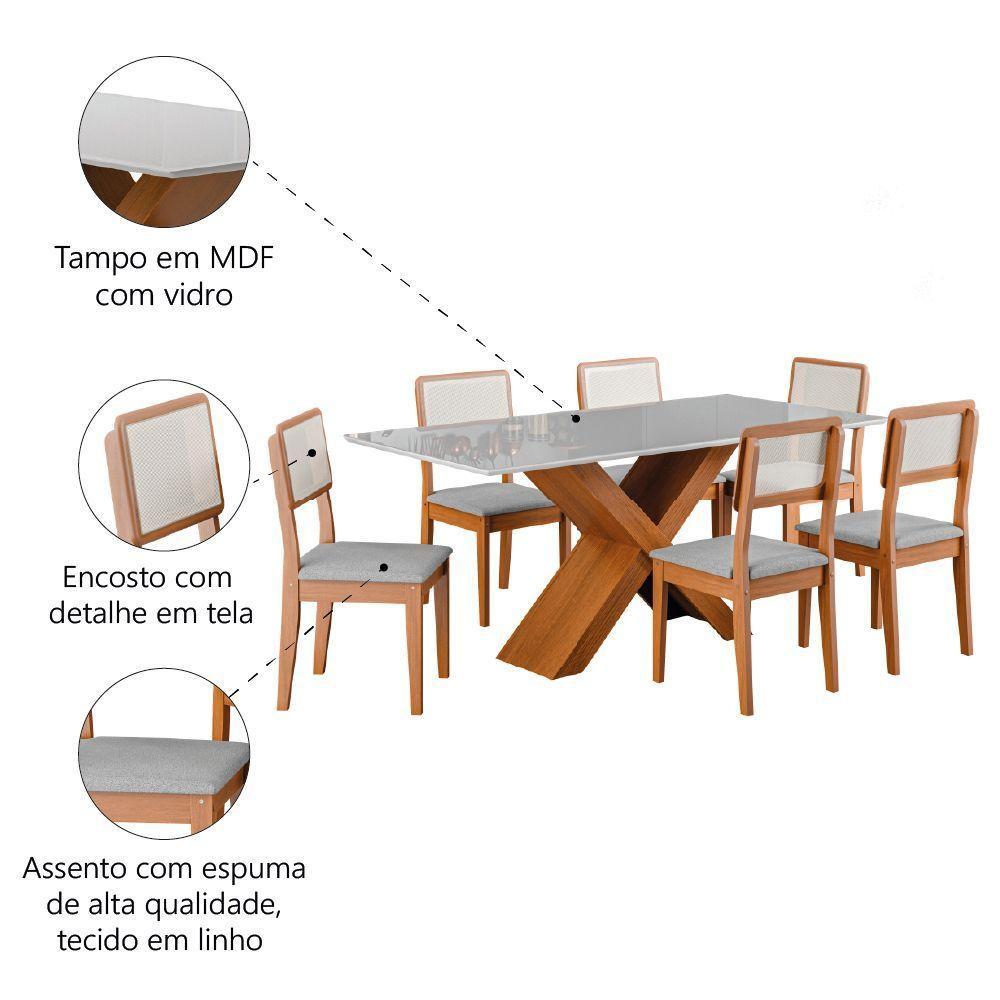 Conjunto De Mesa Sala De Jantar Tampo Com Vidro 1,80m Grécia 6 Cadeiras Santiago Dobuê Madeirado / Cinza - 5