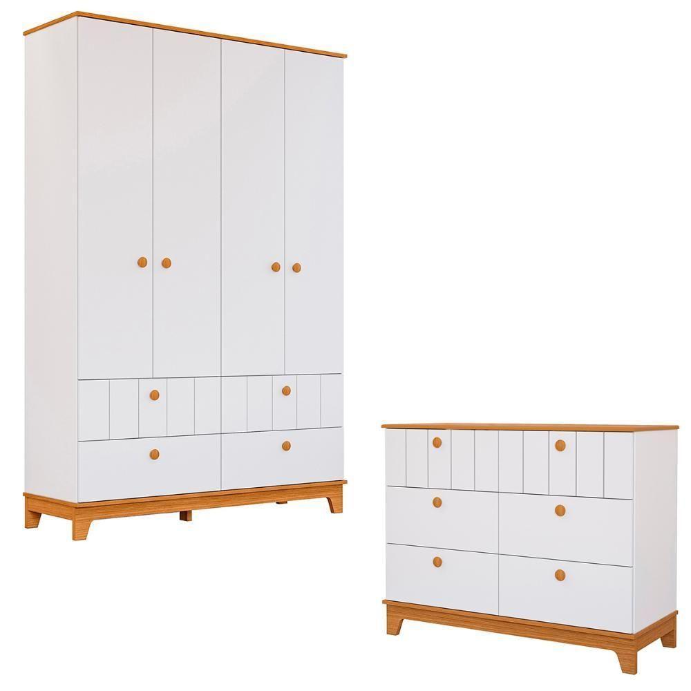 Conjunto Biscoito Roupeiro 4 Portas E Cômoda 6 Gavetas Branco Acetinado nature - 1