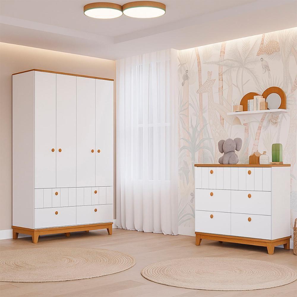 Conjunto Biscoito Roupeiro 4 Portas E Cômoda 6 Gavetas Branco Acetinado nature - 2