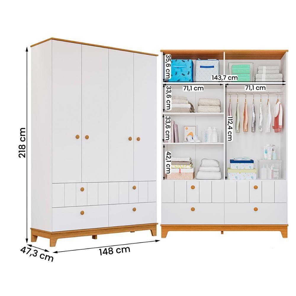 Conjunto Biscoito Roupeiro 4 Portas E Cômoda 6 Gavetas Branco Acetinado nature - 3