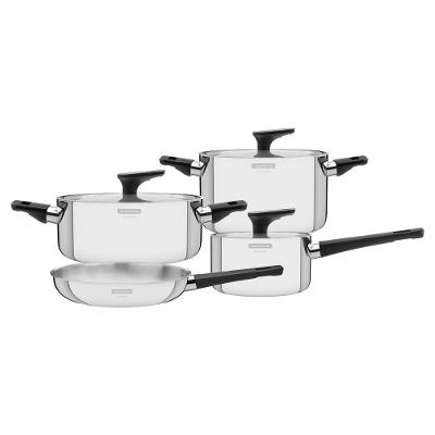 Jogo De Panelas Tramontina Grano Baquelite Em Aço Inox Com Corpo Triplo E Cabos E Alças Em Baquelite Preto 4 Peças