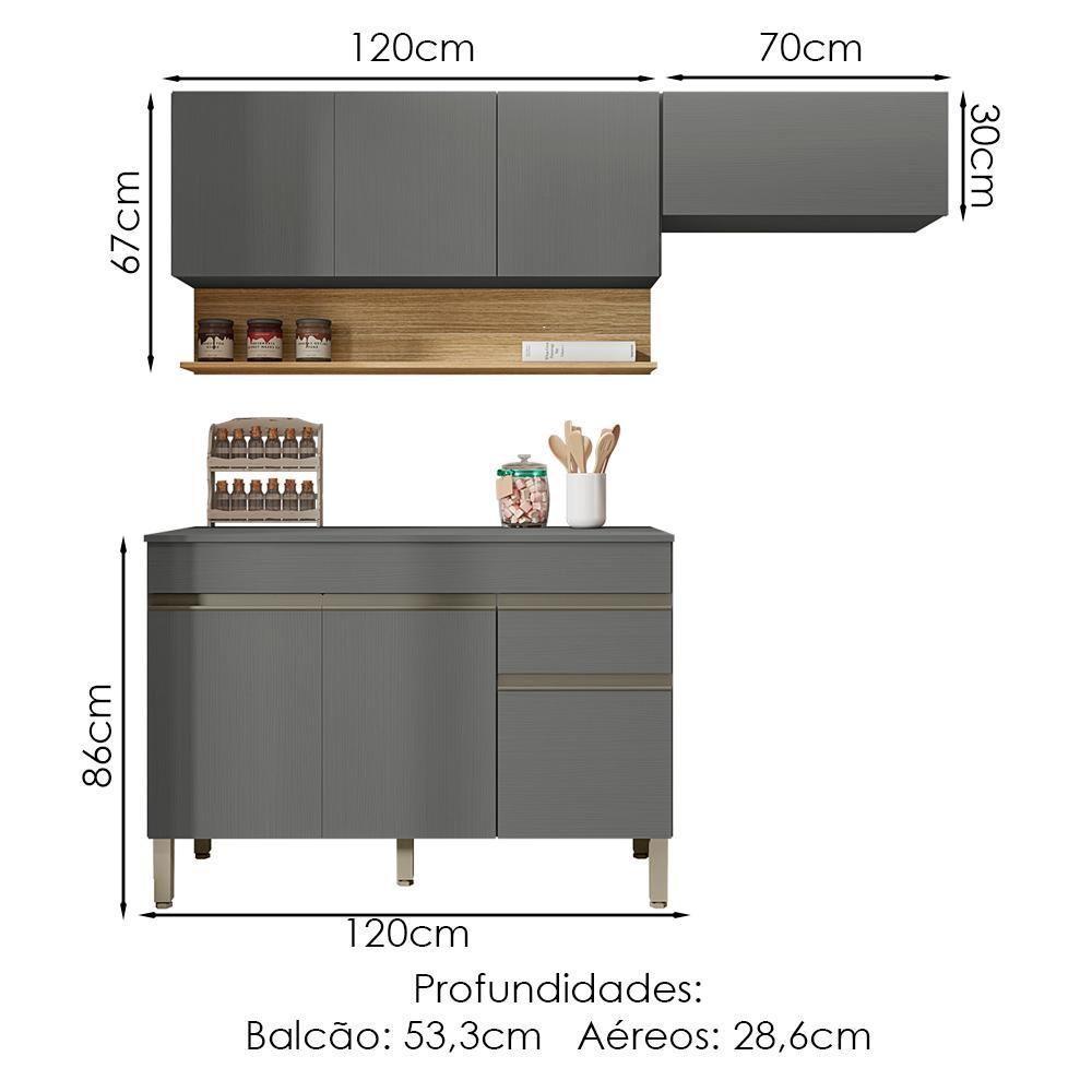 Cozinha Modulada 3 Pecas Balcao Com Tampo Line Ktp Gris Cp Freijo - 3