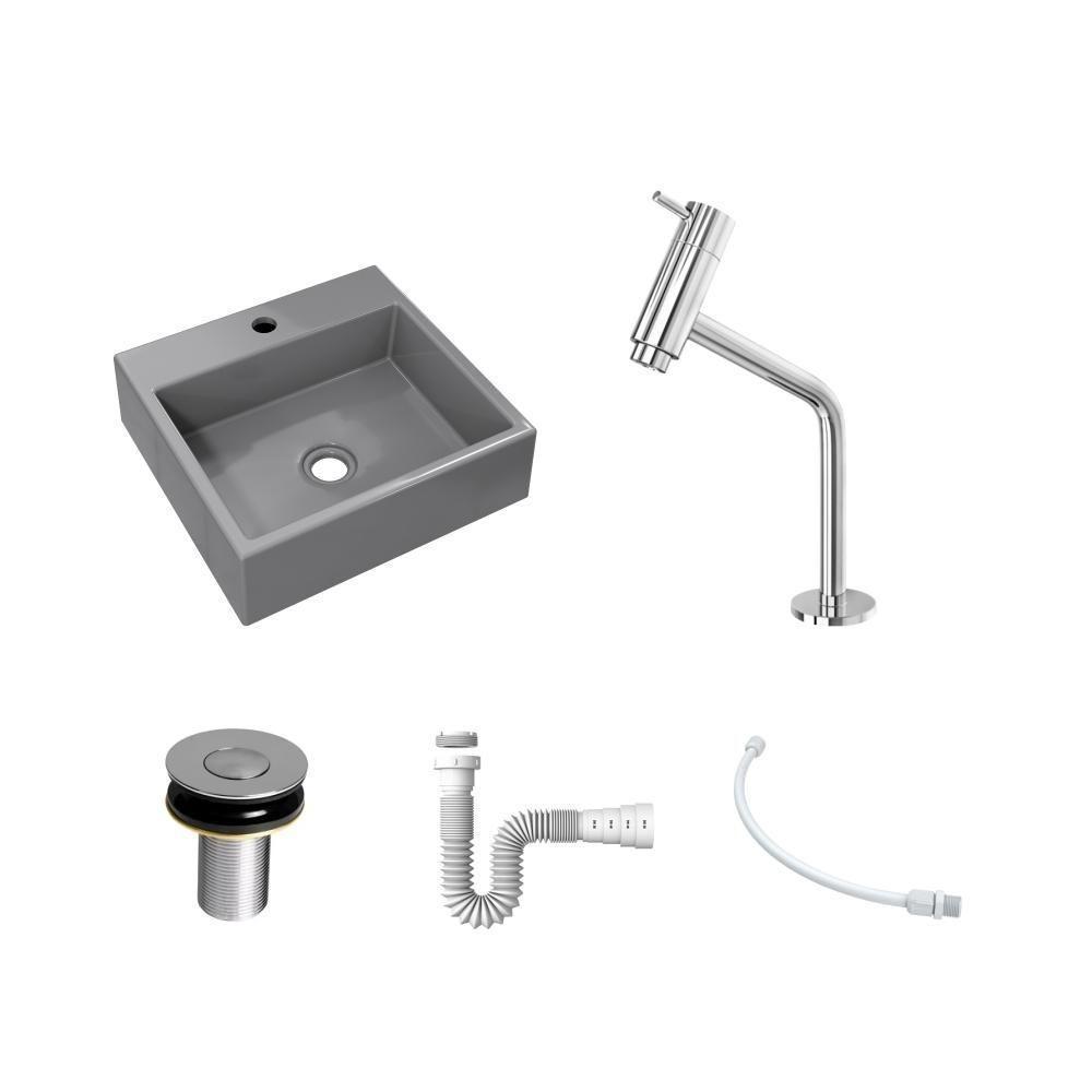 Kit Cuba Q395 Com Torneira Pratika 1060 Metal + Válvula Click 1''b (2,6cm) + Sifão Pvc + Flexível Cinza - 2