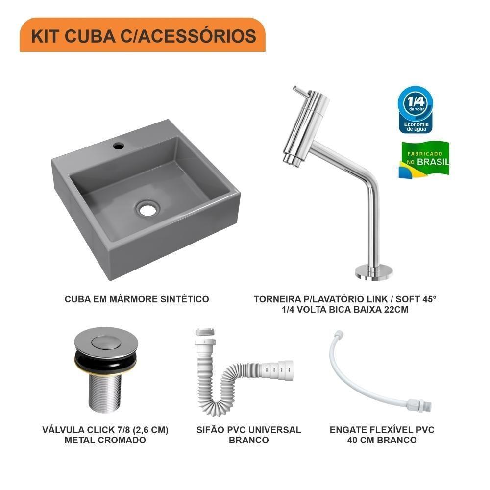 Kit Cuba Q395 Com Torneira Pratika 1060 Metal + Válvula Click 1''b (2,6cm) + Sifão Pvc + Flexível Cinza - 10
