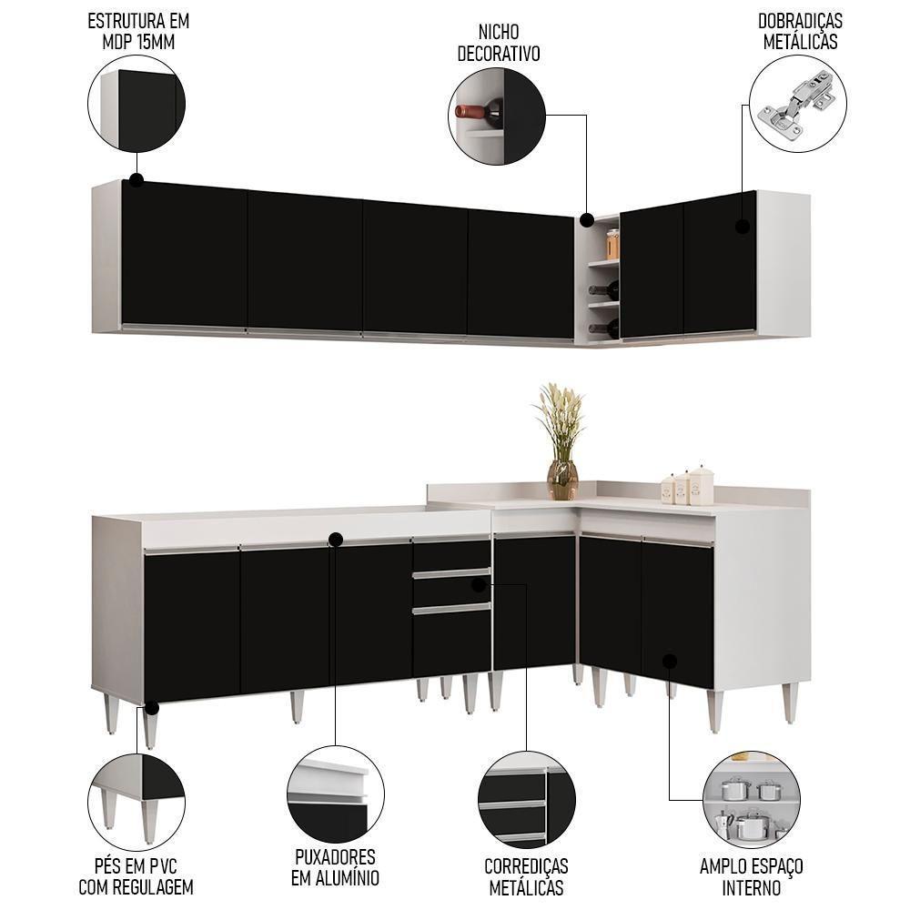 Armário De Cozinha Modulado De Canto 6 Peças Cp31 Balcão Sem Tampo Branco/preto - Lumil - 3