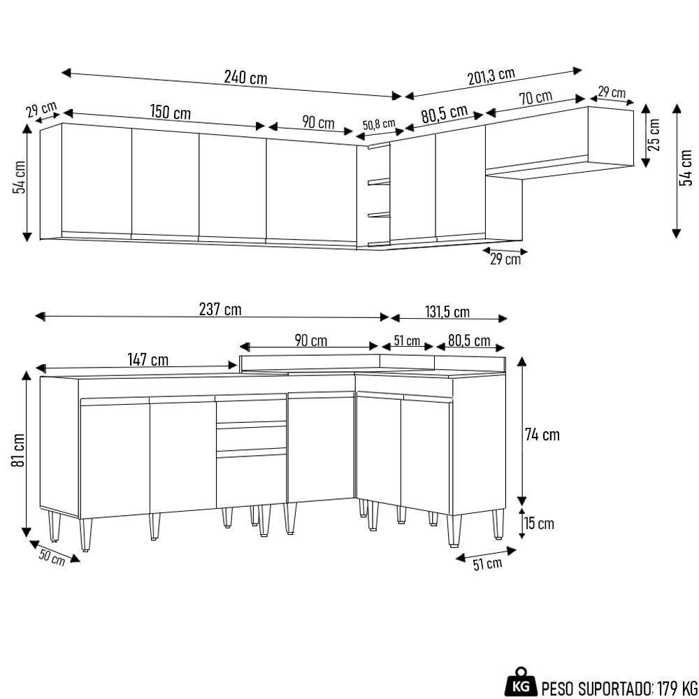 Armário De Cozinha Modulado De Canto 7 Peças Cp22 Balcão Sem Tampo Branco/preto - Lumil - 10