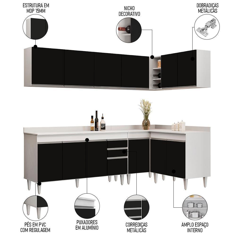 Armário De Cozinha Modulado De Canto 6 Peças Cp32 Balcão Com Tampo Branco/preto - Lumil - 3