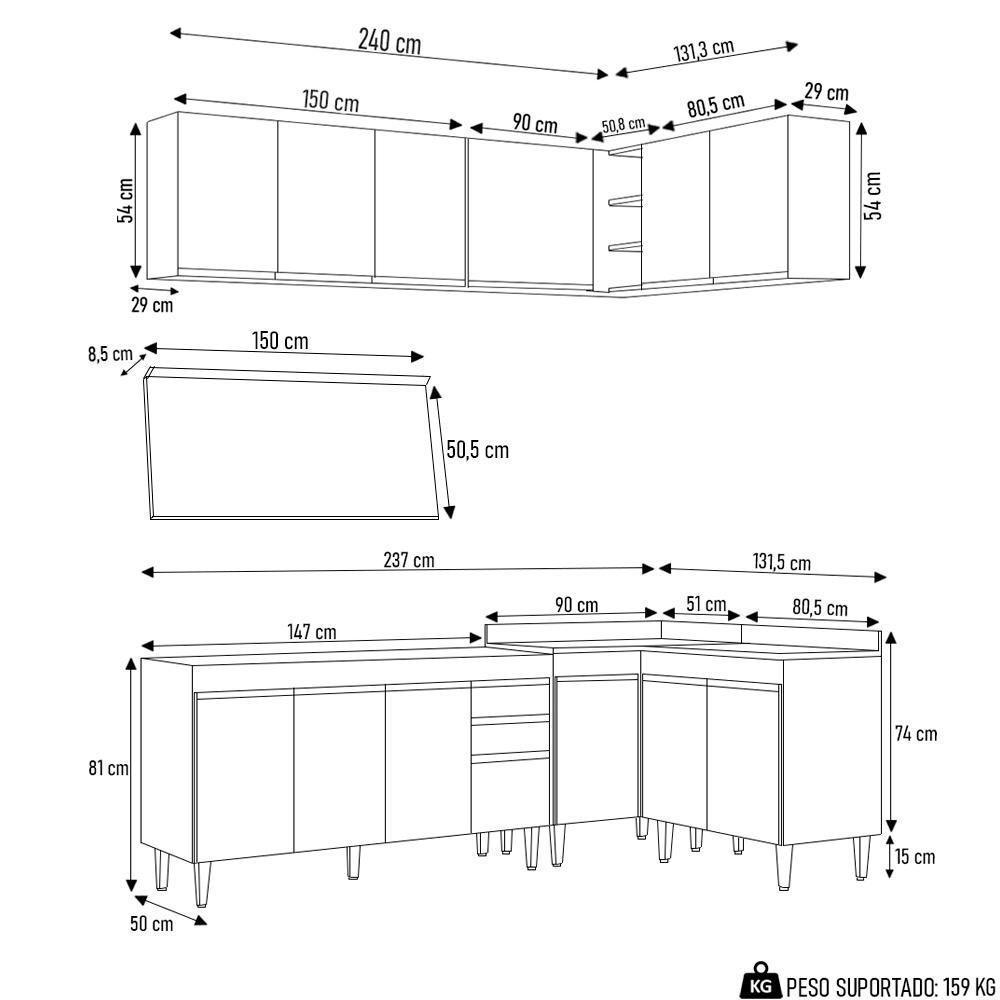 Armário De Cozinha Modulado De Canto 6 Peças Cp32 Balcão Com Tampo Branco/preto - Lumil - 4