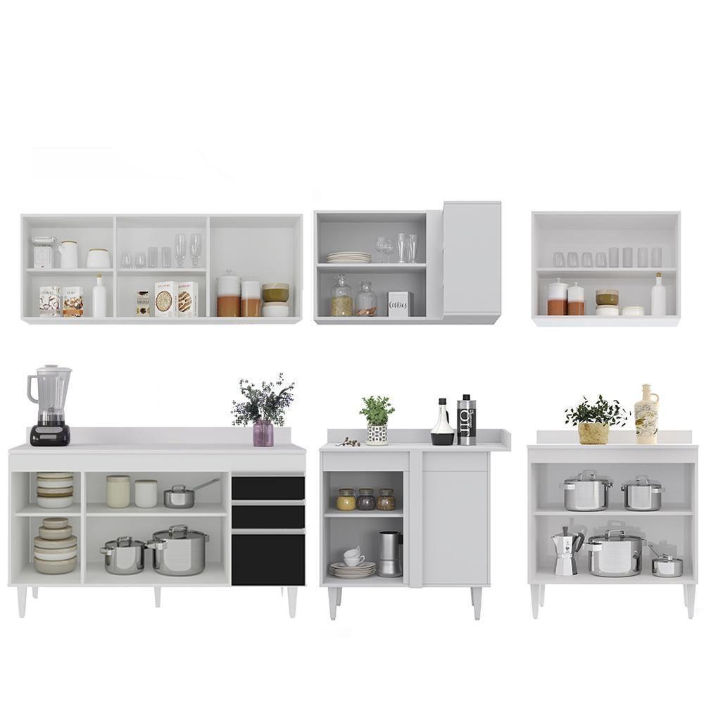 Armário De Cozinha Modulado De Canto 6 Peças Cp32 Balcão Com Tampo Branco/preto - Lumil - 6