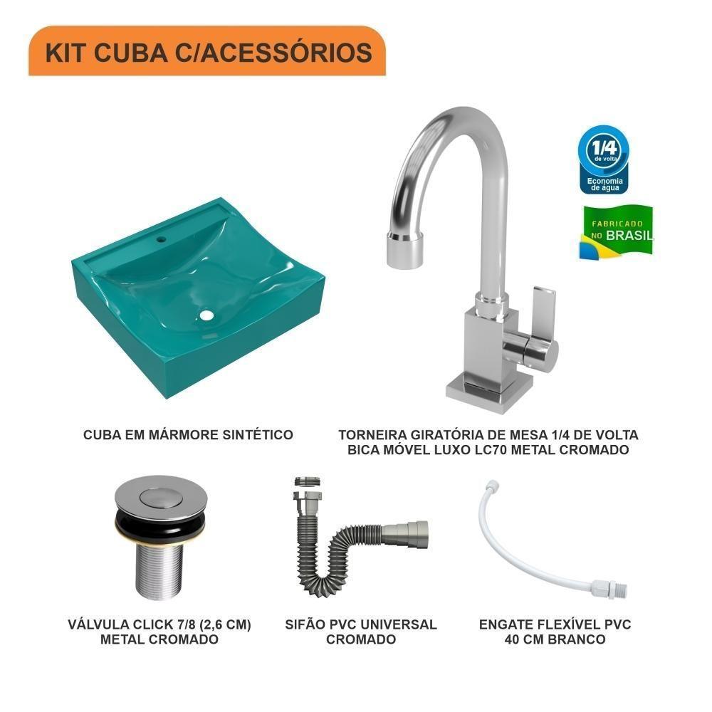 Kit Cuba Q440 Com Torneira Luxo 1195 Metal + Válvula Click 1''b (2,6cm) + Sifão Cromado + Flexível Azul Turquesa - 3