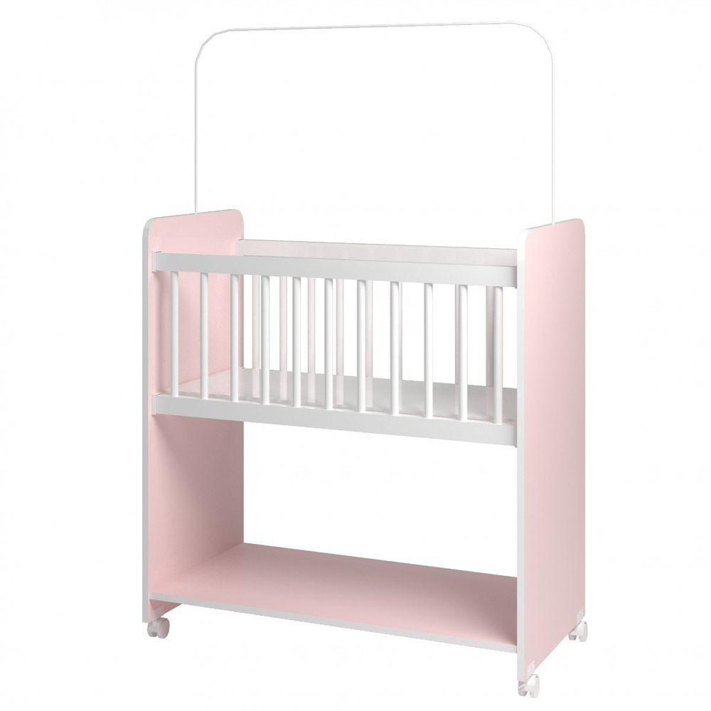 Mini Berço Fixo Compacto Portátil Para Bebê Com Rodízio Colchão Suporte Para Mosquiteiro E Prateleira Rosa Branco - 1