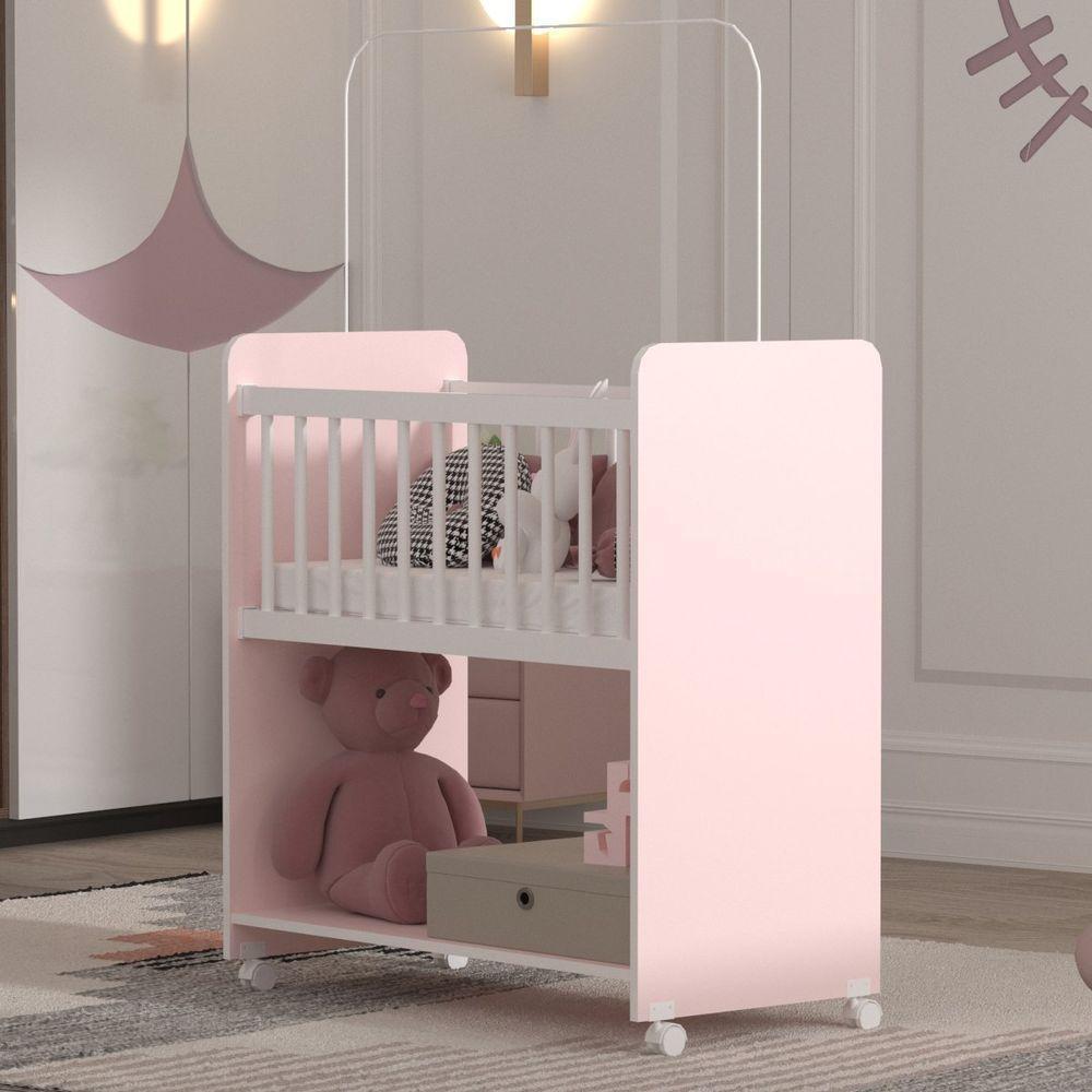 Mini Berço Fixo Compacto Portátil Para Bebê Com Rodízio Colchão Suporte Para Mosquiteiro E Prateleira Rosa Branco - 2