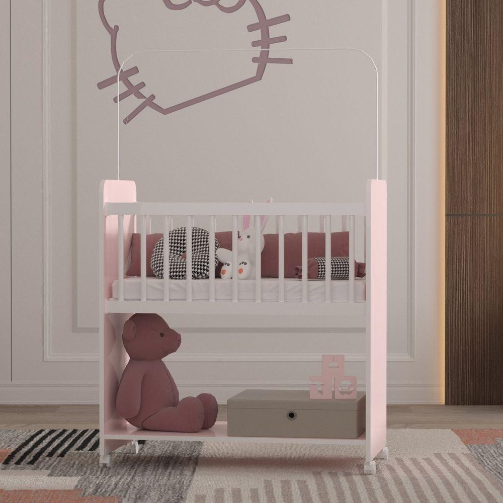 Mini Berço Fixo Compacto Portátil Para Bebê Com Rodízio Colchão Suporte Para Mosquiteiro E Prateleira Rosa Branco - 3