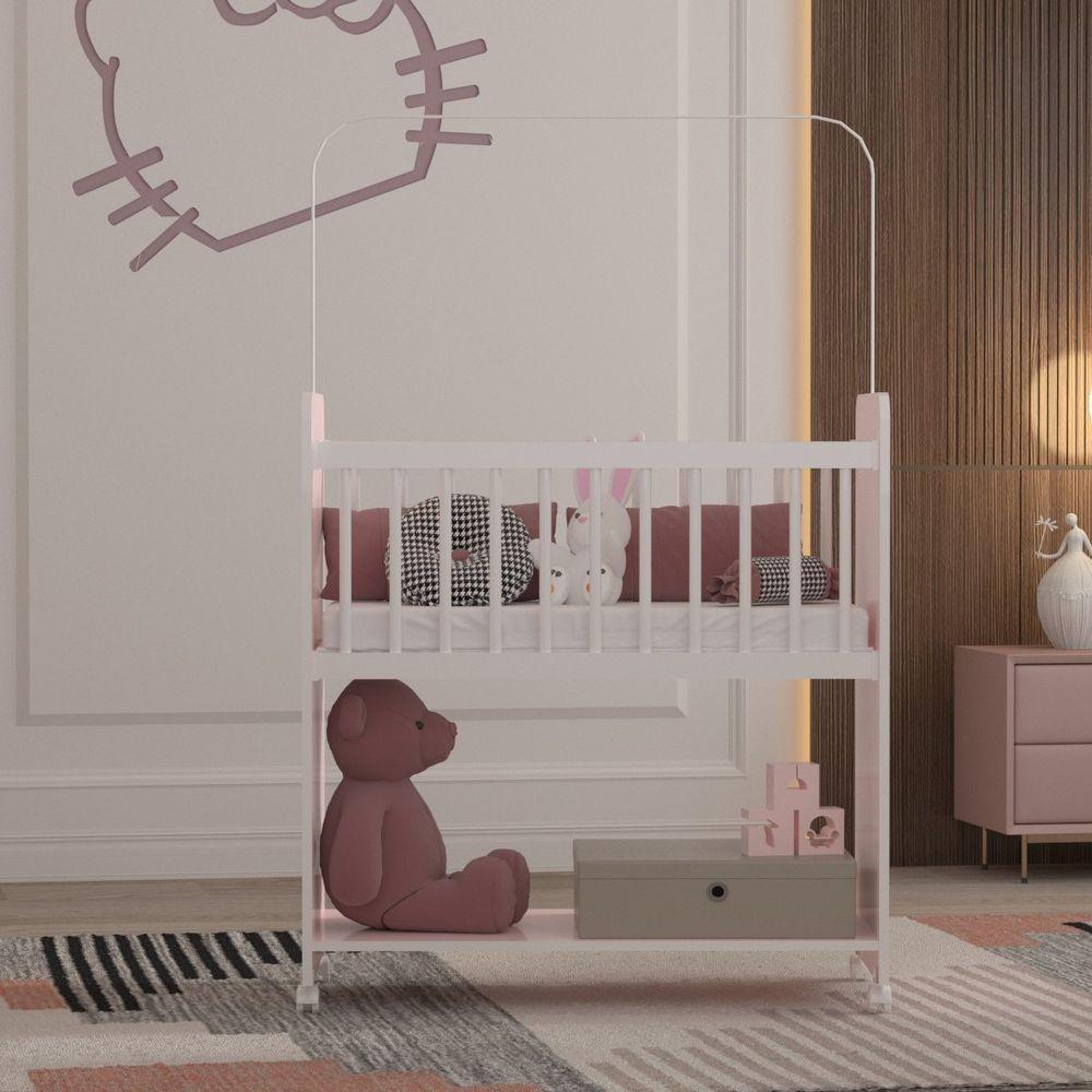 Mini Berço Fixo Compacto Portátil Para Bebê Com Rodízio Colchão Suporte Para Mosquiteiro E Prateleira Rosa Branco - 4