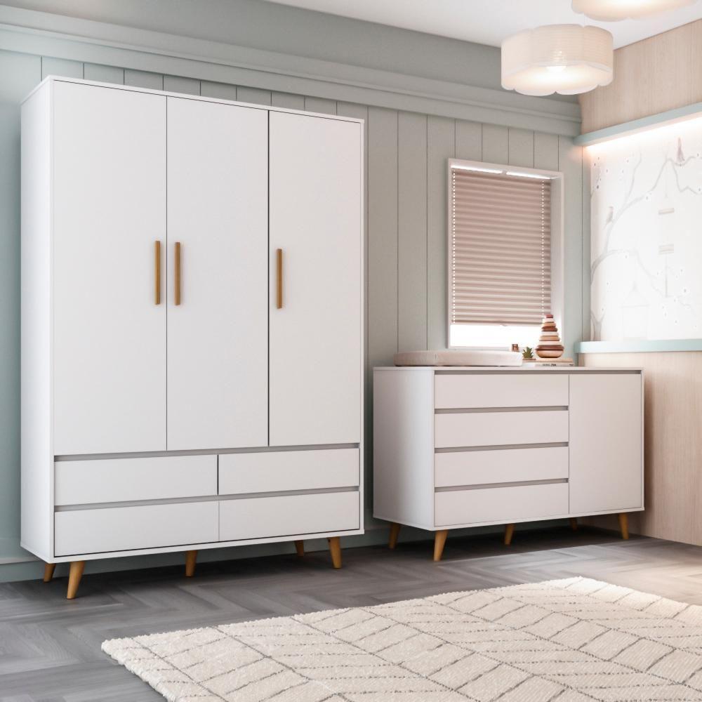 Quarto De Bebê Retrô Cômoda Infantil Gran Lorena Com Porta Guarda Roupa 3 Portas Branco Carolina Baby - 1