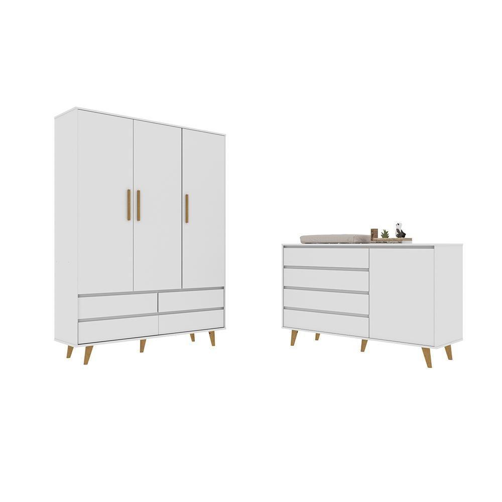 Quarto De Bebê Retrô Cômoda Infantil Gran Lorena Com Porta Guarda Roupa 3 Portas Branco Carolina Baby - 2