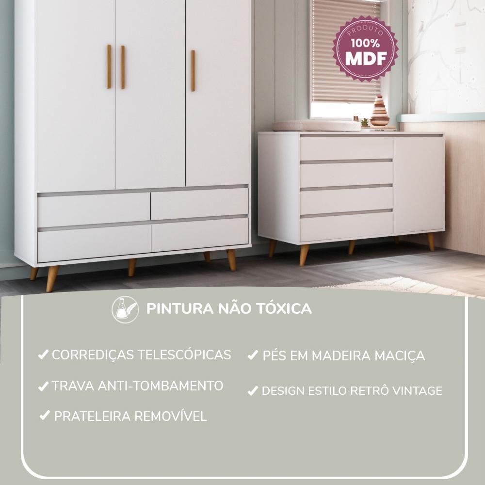 Quarto De Bebê Retrô Cômoda Infantil Gran Lorena Com Porta Guarda Roupa 3 Portas Branco Carolina Baby - 10