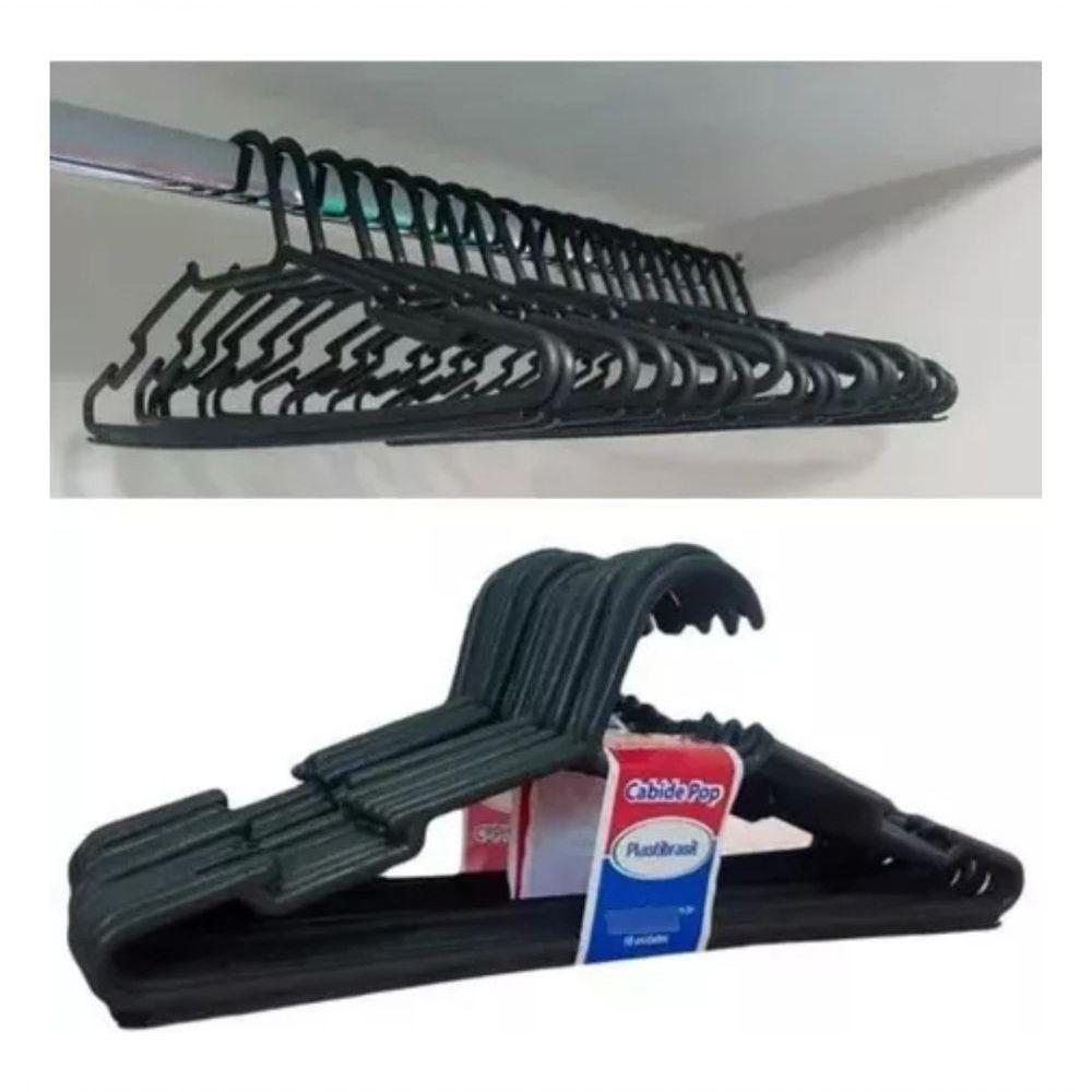Kit 10 Cabides Adulto Plástico Preto Roupa Vestido Barato - 10