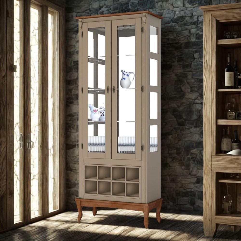 Adega E Cristaleira Colonial Com 2 Portas De Vidro E Pés Luiz Xv - Amêndoa Laca Com Tampo E Base Imbuia Glazer - 2