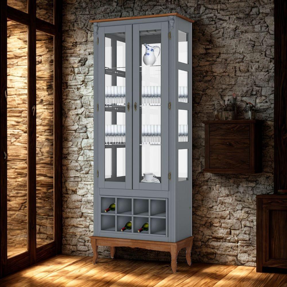 Adega E Cristaleira Colonial Com 2 Portas De Vidro E Pés Luiz Xv - Cinza Laca Com Tampo E Base Imbuia Glazer - 2