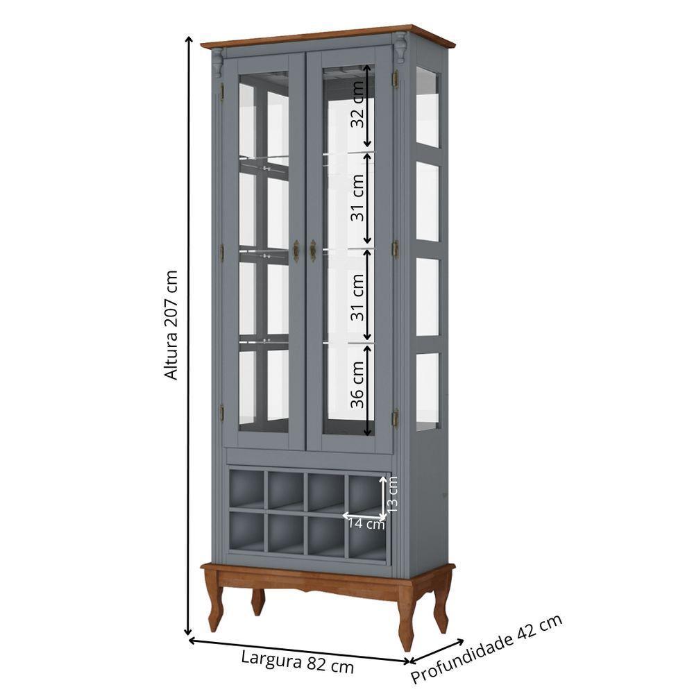 Adega E Cristaleira Colonial Com 2 Portas De Vidro E Pés Luiz Xv - Cinza Laca Com Tampo E Base Imbuia Glazer - 4