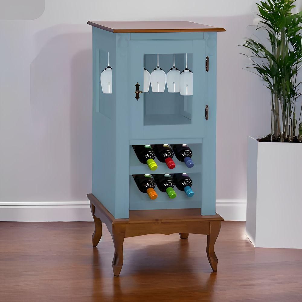 Adega Rústica 1 Porta Com Espaço Para Até 8 Garrafas Com Pés Luiz Xv - Azul Céu Com Tampo E Base Imbuia Glazer - 1