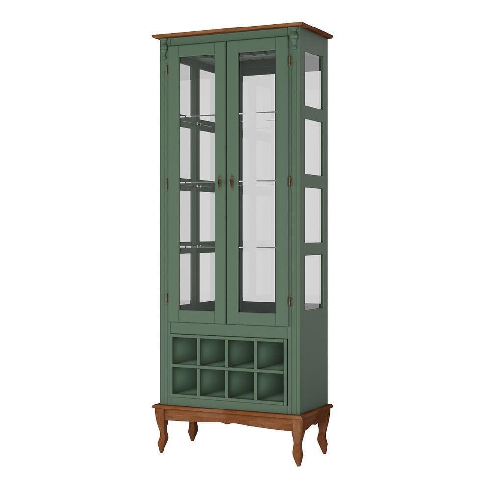 Adega E Cristaleira Colonial Com 2 Portas De Vidro E Pés Luiz Xv - Verde Kalle Laca Com Tampo E Base Imbuia Glazer - 2