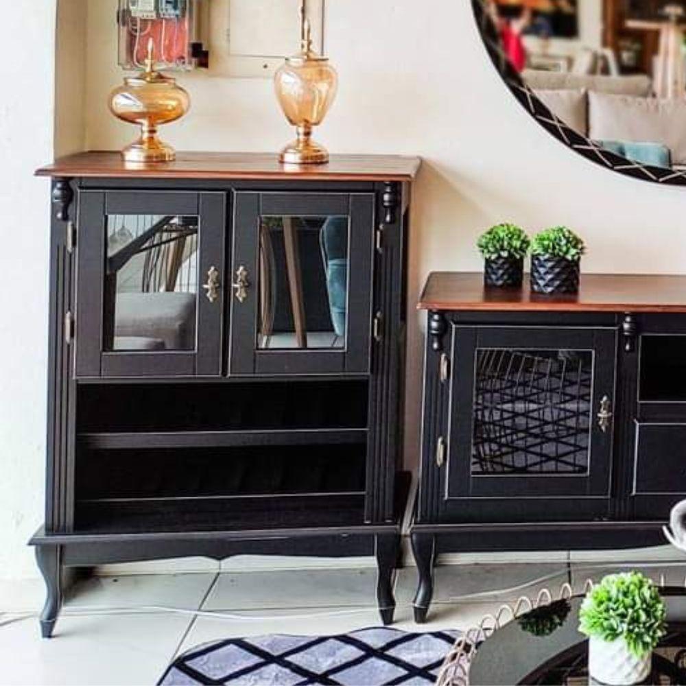 Adega Colonial De Madeira Com 2 Portas Para Até 12 Garrafas - Preto Com Tampo Castanho Envelhecido - 2